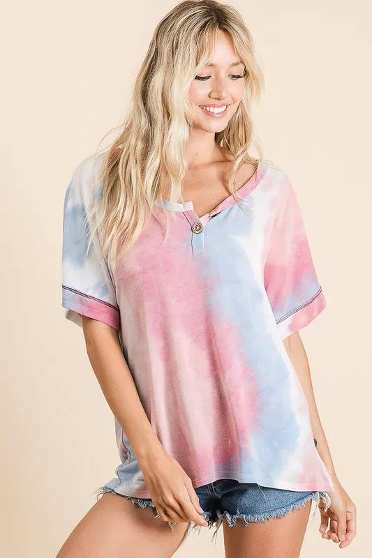 BiBi Tie Dye French Terry Top With Buttoned Placket - Trendsi
