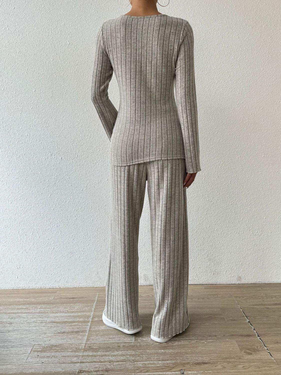 Ribbed V-Neck Long Sleeve Top and Pocketed Pants Set - Trendsi - Flyclothing LLC
