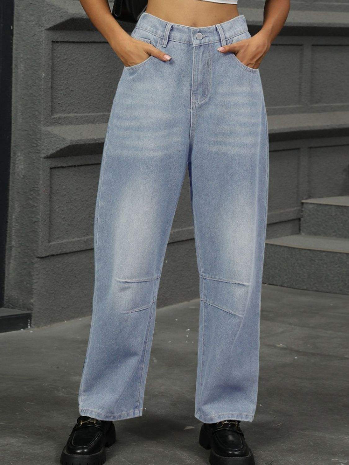 Half Elastic Waist Straight Leg Jeans - Trendsi - Flyclothing LLC