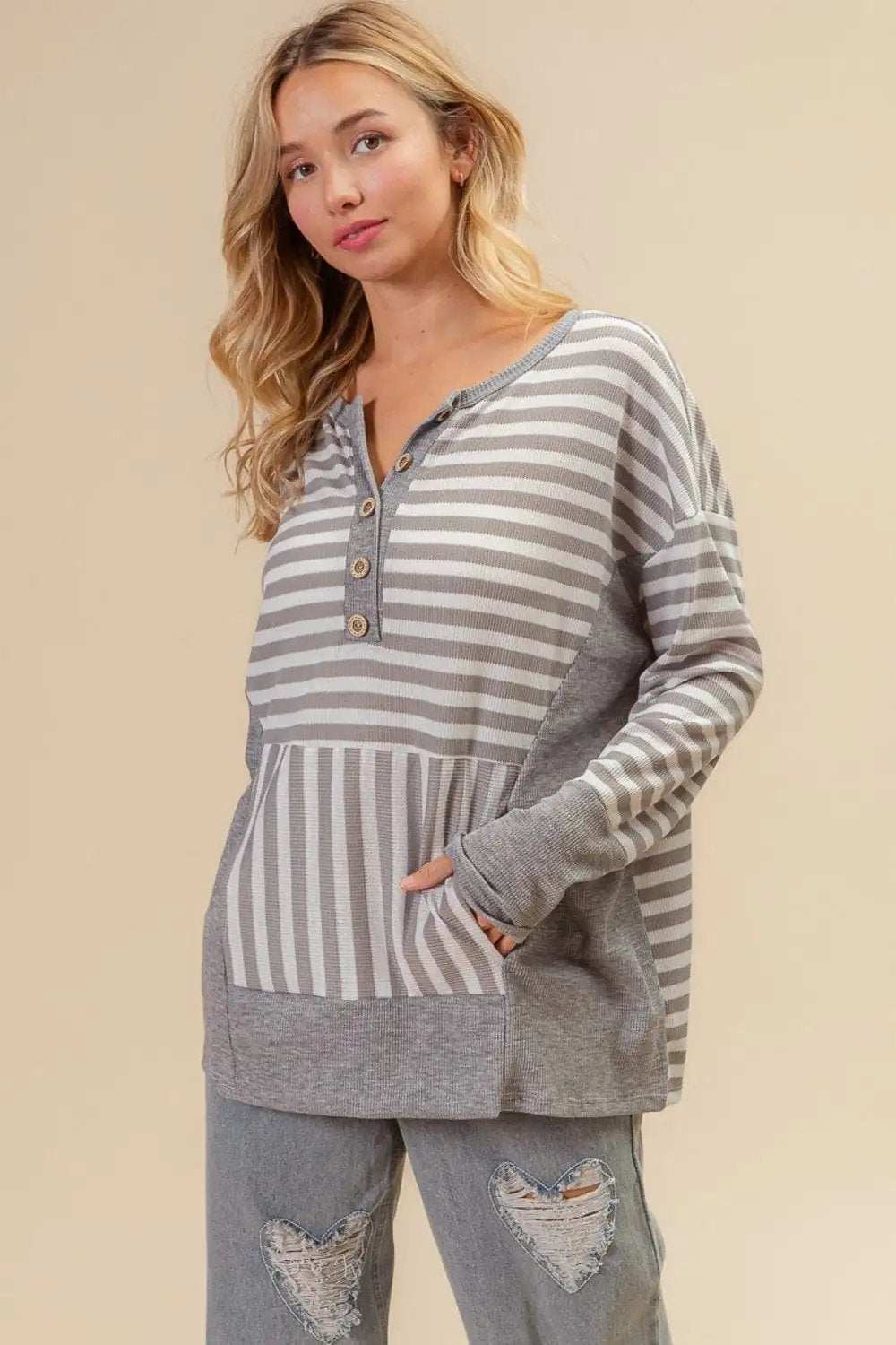 BiBi Striped Thumbhole Long Sleeve Top - Trendsi - Flyclothing LLC