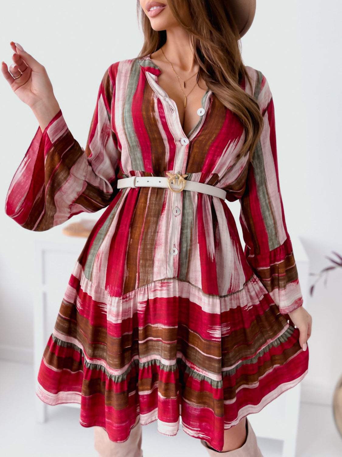 Buttoned Striped Long Sleeve Mini Dress - Trendsi - Flyclothing LLC