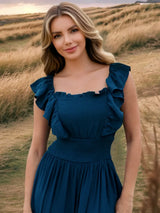 Ruffled Smocked Square Neck Maxi Dress - Trendsi - Flyclothing LLC