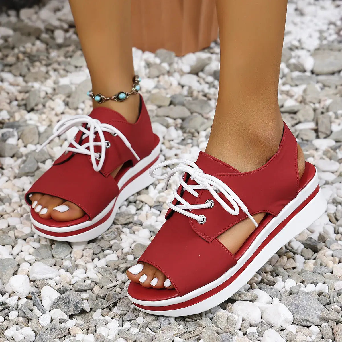 Open-Toe Lace Up Platform Sandals - Trendsi - Flyclothing LLC