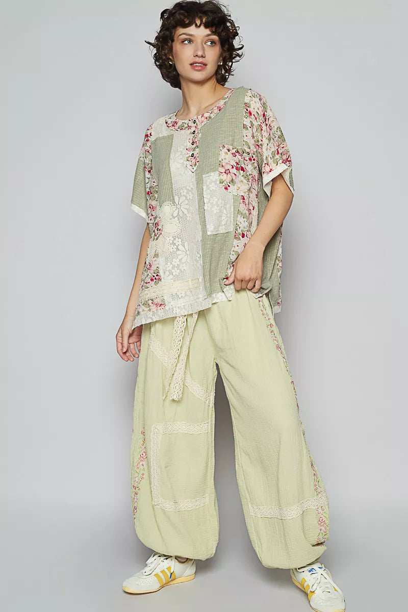 POL Lace Round Neck Short Sleeve Floral Pattern Top with Patch Detail - Trendsi - Flyclothing LLC