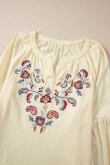 Embroidered Notched Long Sleeve Blouse - Trendsi - Flyclothing LLC