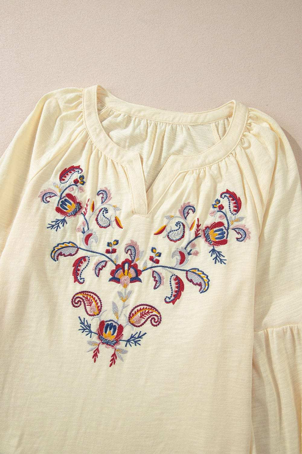 Embroidered Notched Long Sleeve Blouse - Trendsi - Flyclothing LLC