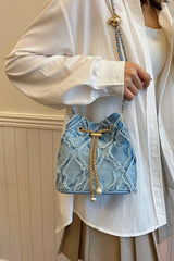Chain Drawstring Raw Edge Denim Bucket Bag - Trendsi