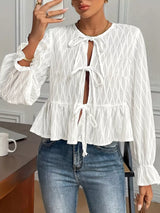 Tie Front Flounce Sleeve Blouse - Trendsi - Flyclothing LLC