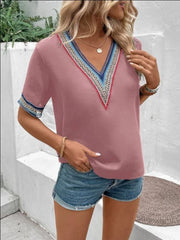 Full Size V-Neck Short Sleeve Blouse - Trendsi