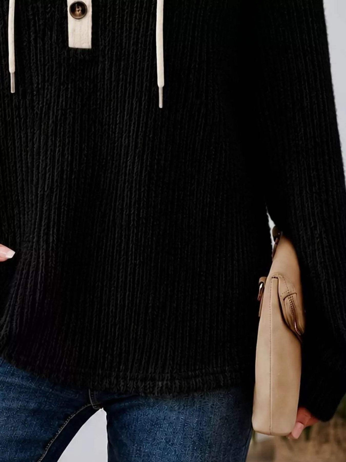 Full Size Drawstring Button Detail Hooded Sweater Plus Size - Trendsi - Flyclothing LLC