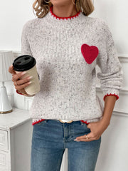 Perfee Contrast Heart Round Neck Long Sleeve Sweater - Trendsi