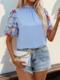 Embroidered Mock Neck Puff Sleeve Blouse - Trendsi