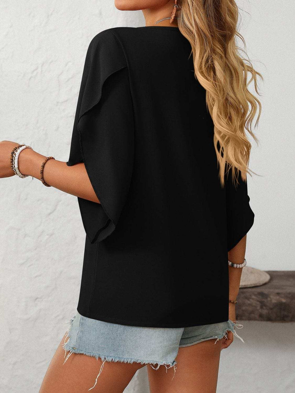 Mandy Ruffled Asymmetrical Neck Half Sleeve Blouse - Trendsi - Flyclothing LLC
