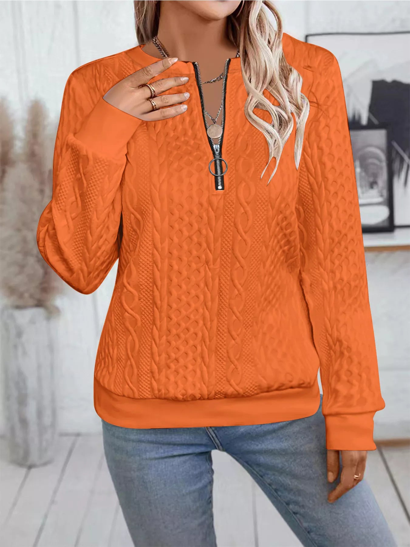 Chic Cable Texture Quarter-Zip Sweatshirt - Trendsi - Flyclothing LLC