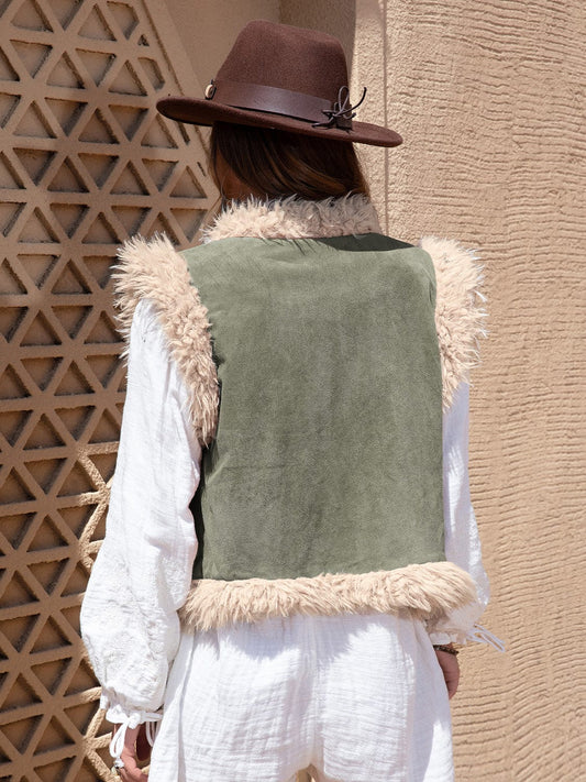 Fuzzy Trim Open Front Vest Coat - Trendsi