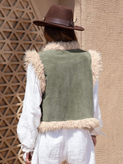 Fuzzy Trim Open Front Vest Coat - Trendsi