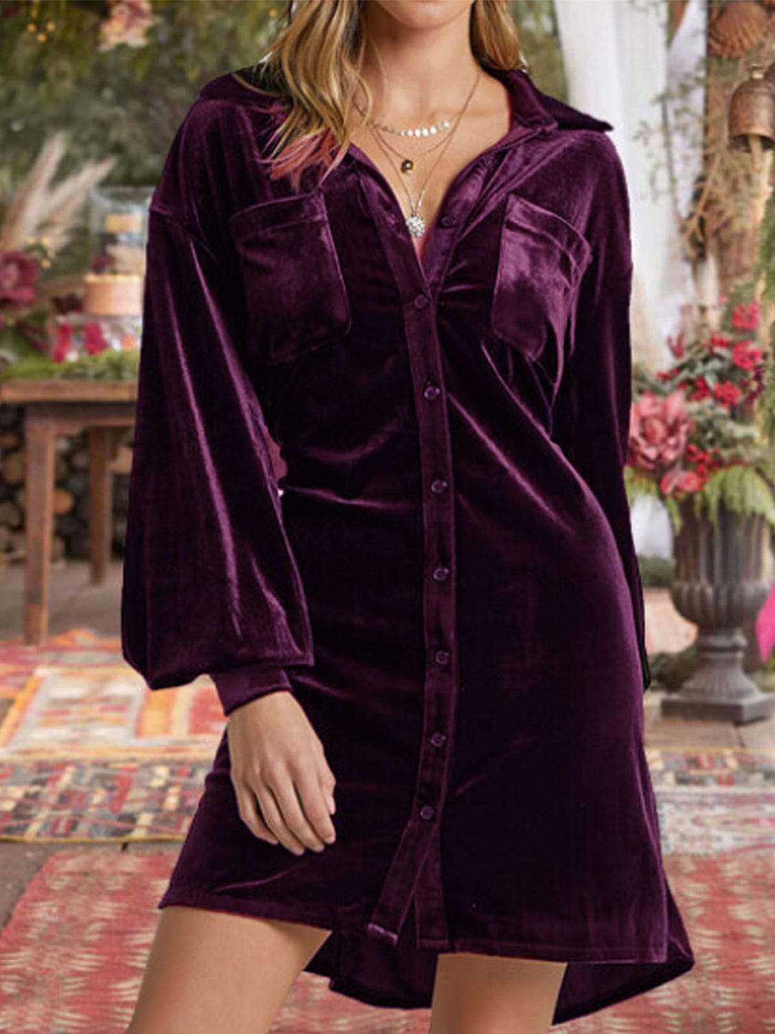 Collared Neck Button Down Long Sleeve Mini Dress - Trendsi - Flyclothing LLC