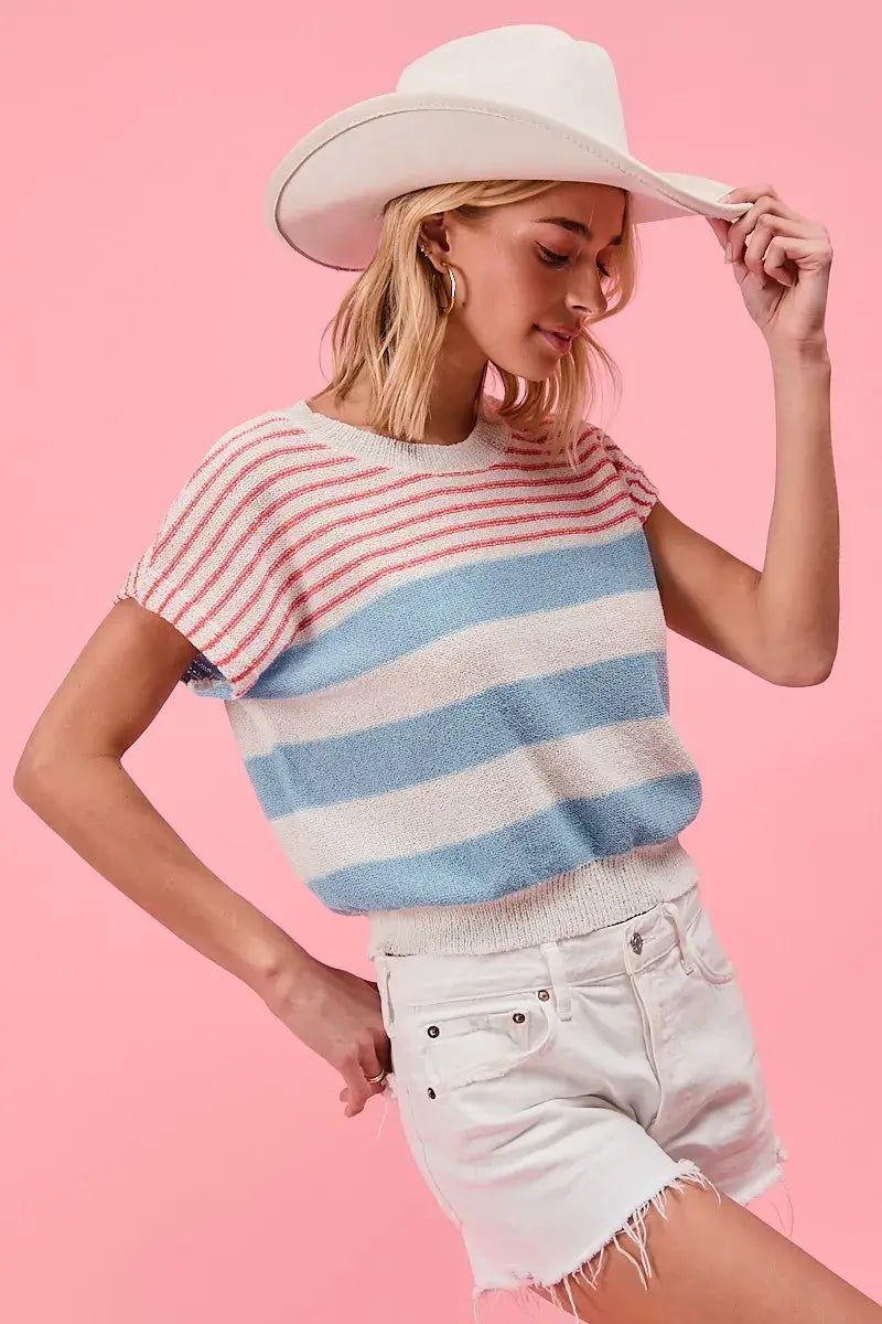 BiBi Stripes Lightweight Short Sleeve Sweater - Trendsi - Flyclothing LLC