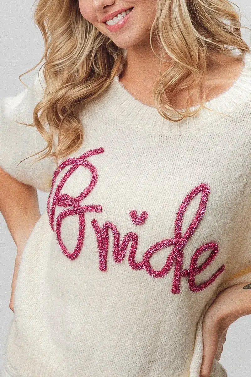 BiBi Metallic Letter Short Puff Sleeve Hairy Sweater - Trendsi - Flyclothing LLC