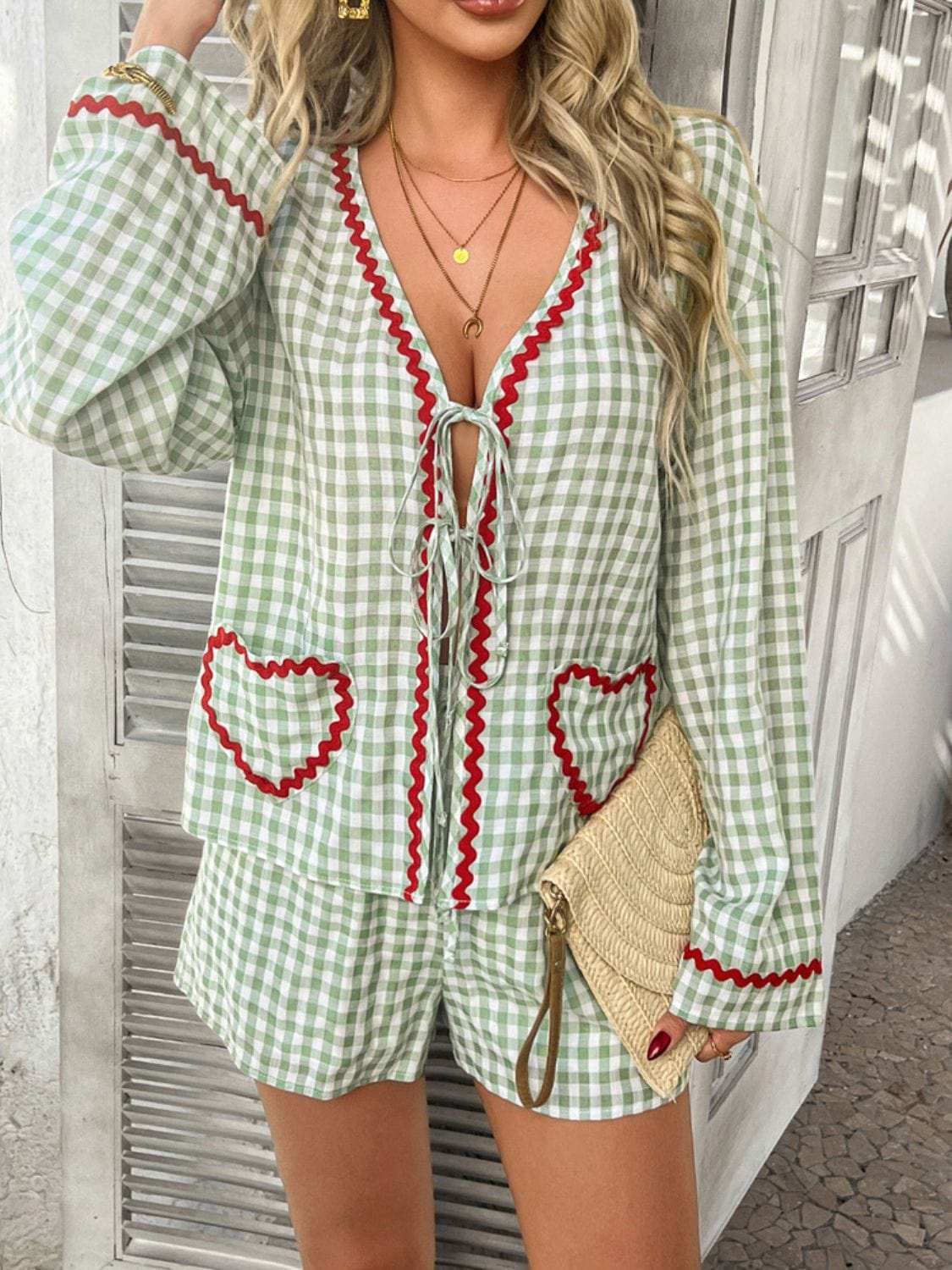 Devine Tie Front Contrast Plaid Shirt and Shorts Set - Trendsi - Flyclothing LLC