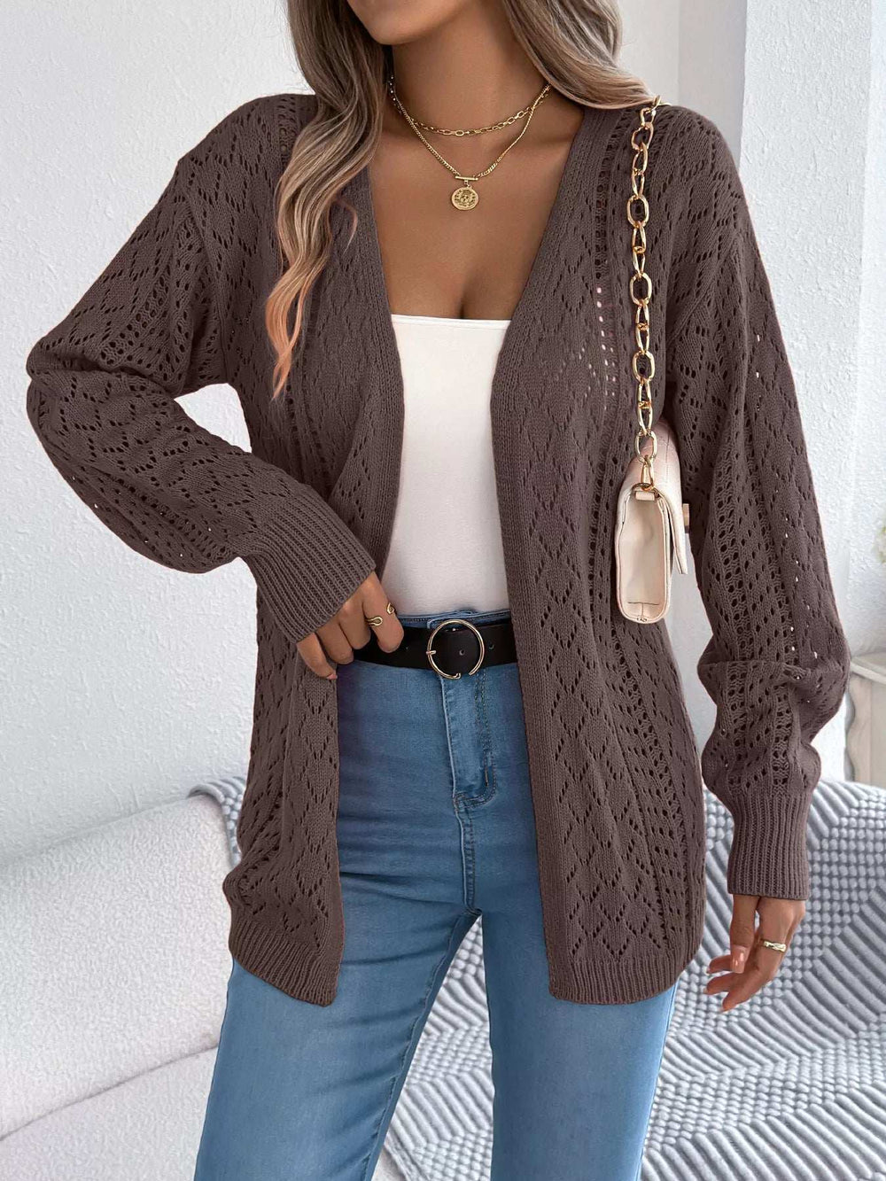Openwork Open-Front Long Sleeve Cardigan - Trendsi - Flyclothing LLC