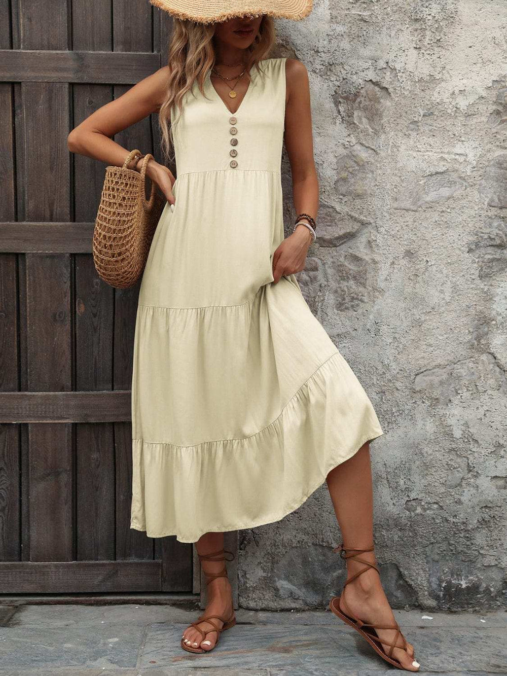 Decorative Button Notched Sleeveless Dress - Trendsi - Flyclothing LLC
