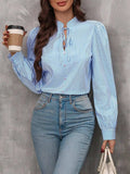 Striped Tie Neck Long Sleeve Blouse - Trendsi - Flyclothing LLC