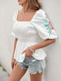 Perfee Embroidered Smocked Square Neck Half Sleeve Blouse - Trendsi