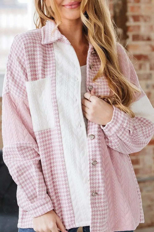 Color Block Houndstooth Collared Neck Shacket - Trendsi - Flyclothing LLC