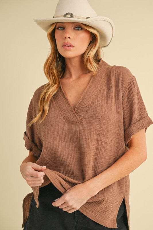 Aemi + Co Side Slit V-Neck Short Sleeve Blouse - Trendsi - Flyclothing LLC