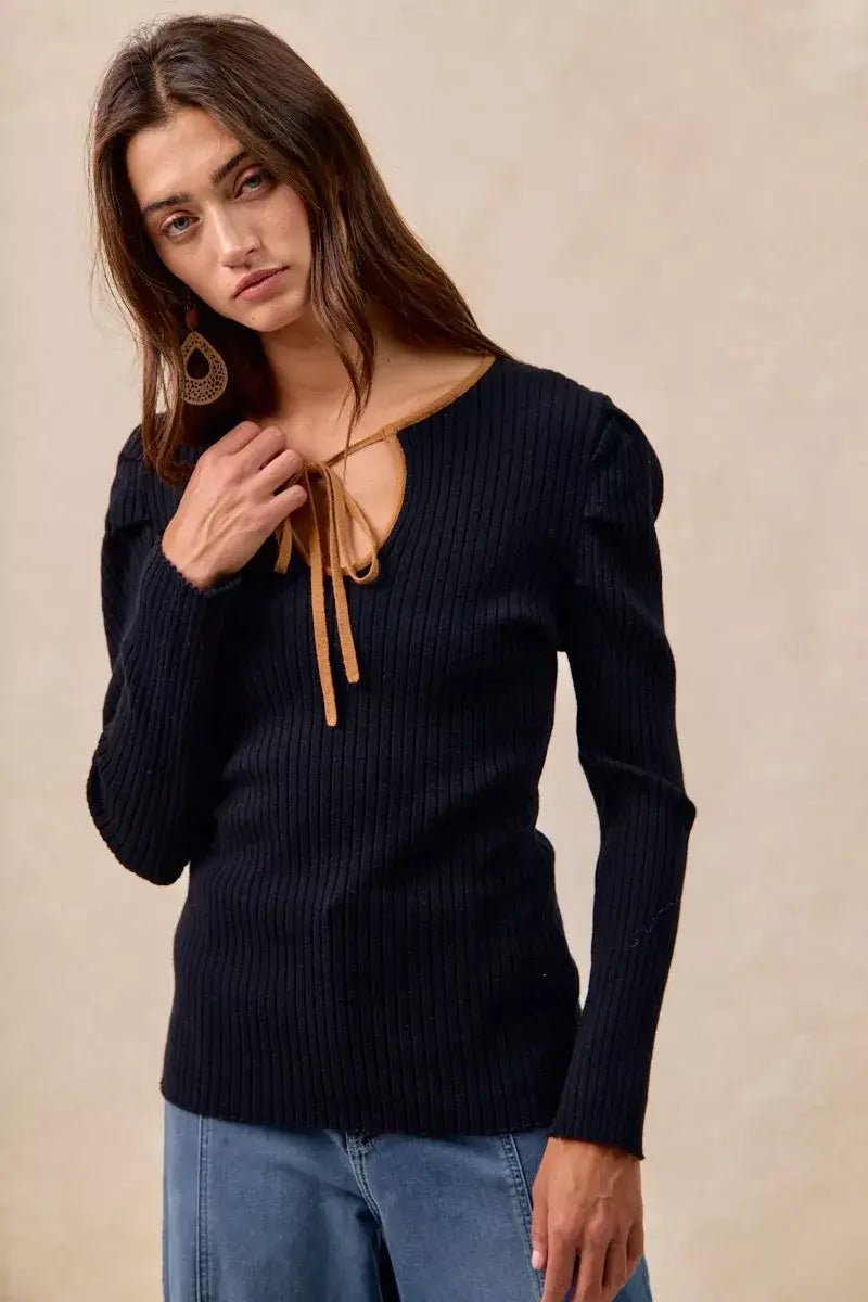 BiBi Ribbed Contrast Front Tied Top with Shrried - Trendsi - Flyclothing LLC