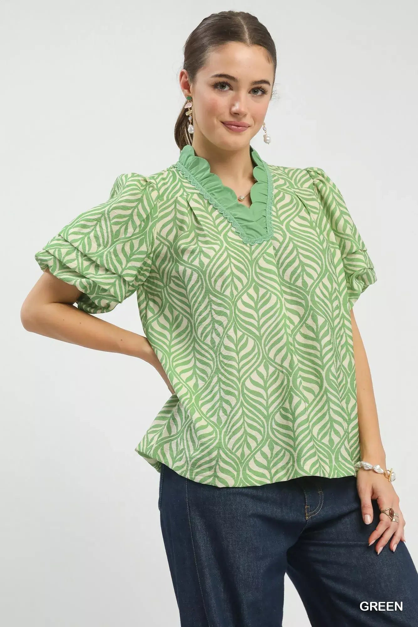 Umgee Printed Puff Sleeve Ruffle Neck Top - Trendsi - Flyclothing LLC