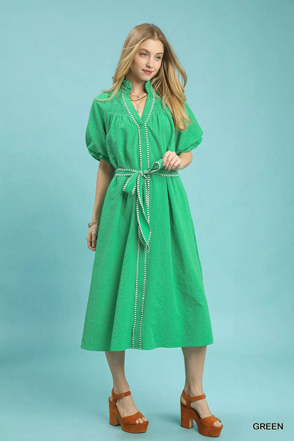 Umgee Ruffle Collar Midi Dress with Stripe Trim - Trendsi - Flyclothing LLC