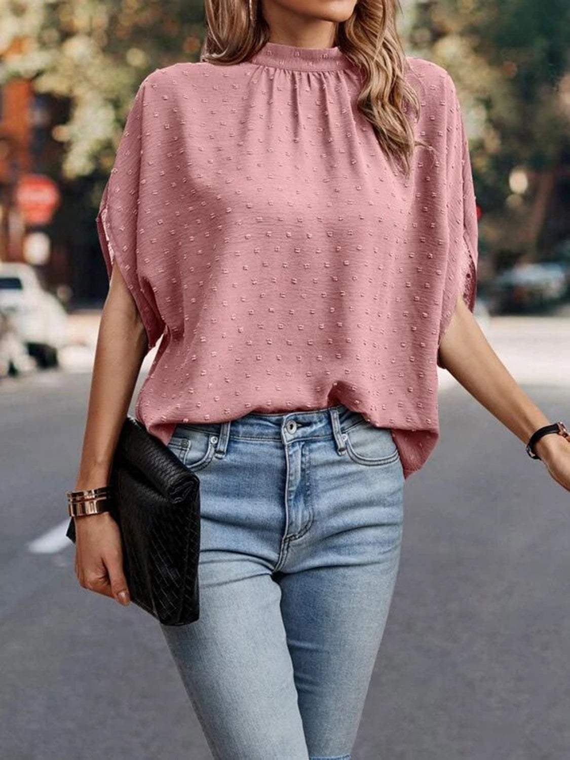 Swiss Dot Mock Neck Half Sleeve Blouse - Trendsi - Flyclothing LLC