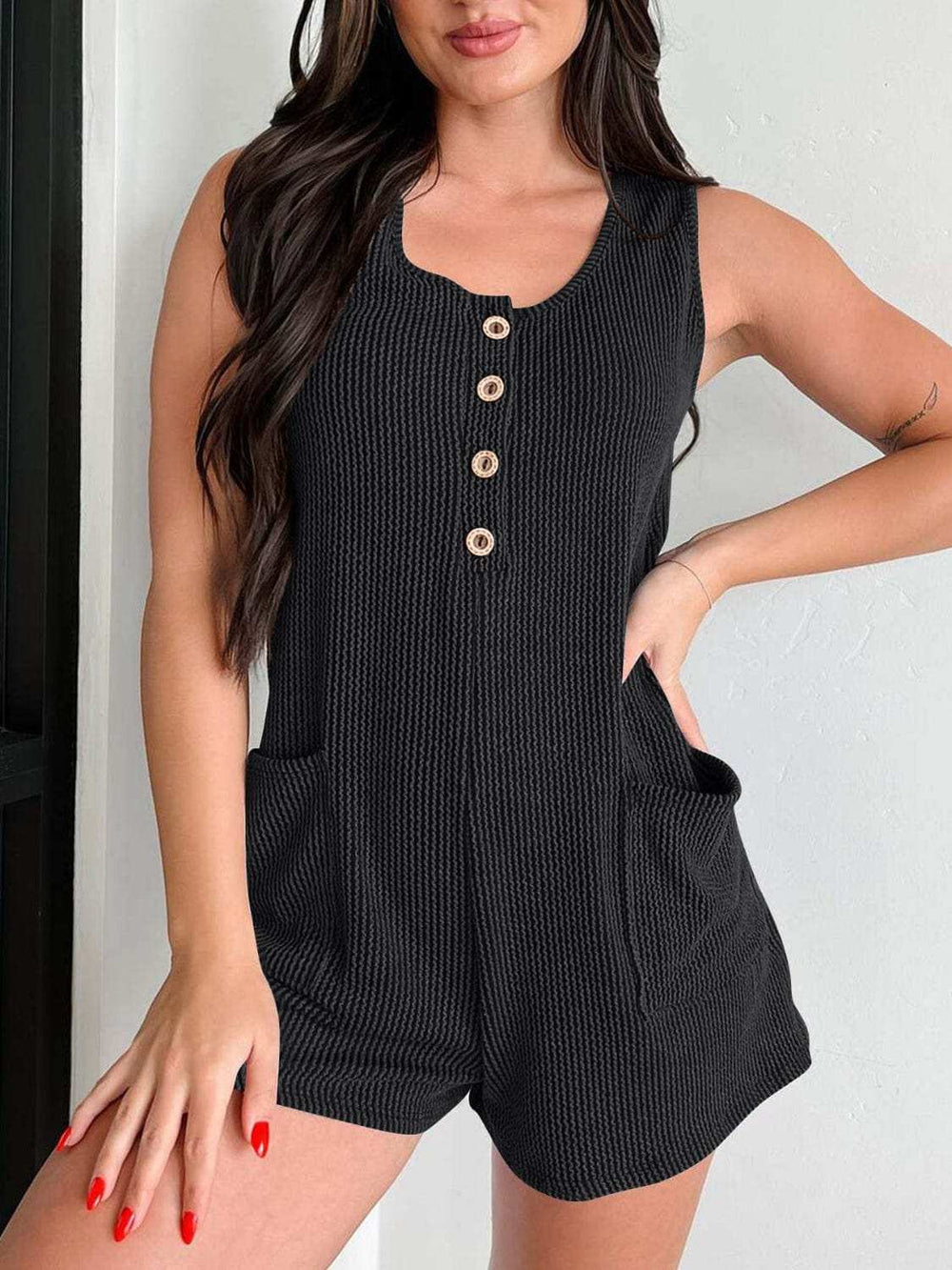 Lovelet Texture Wide Strap Romper with Pockets - Trendsi - Flyclothing LLC