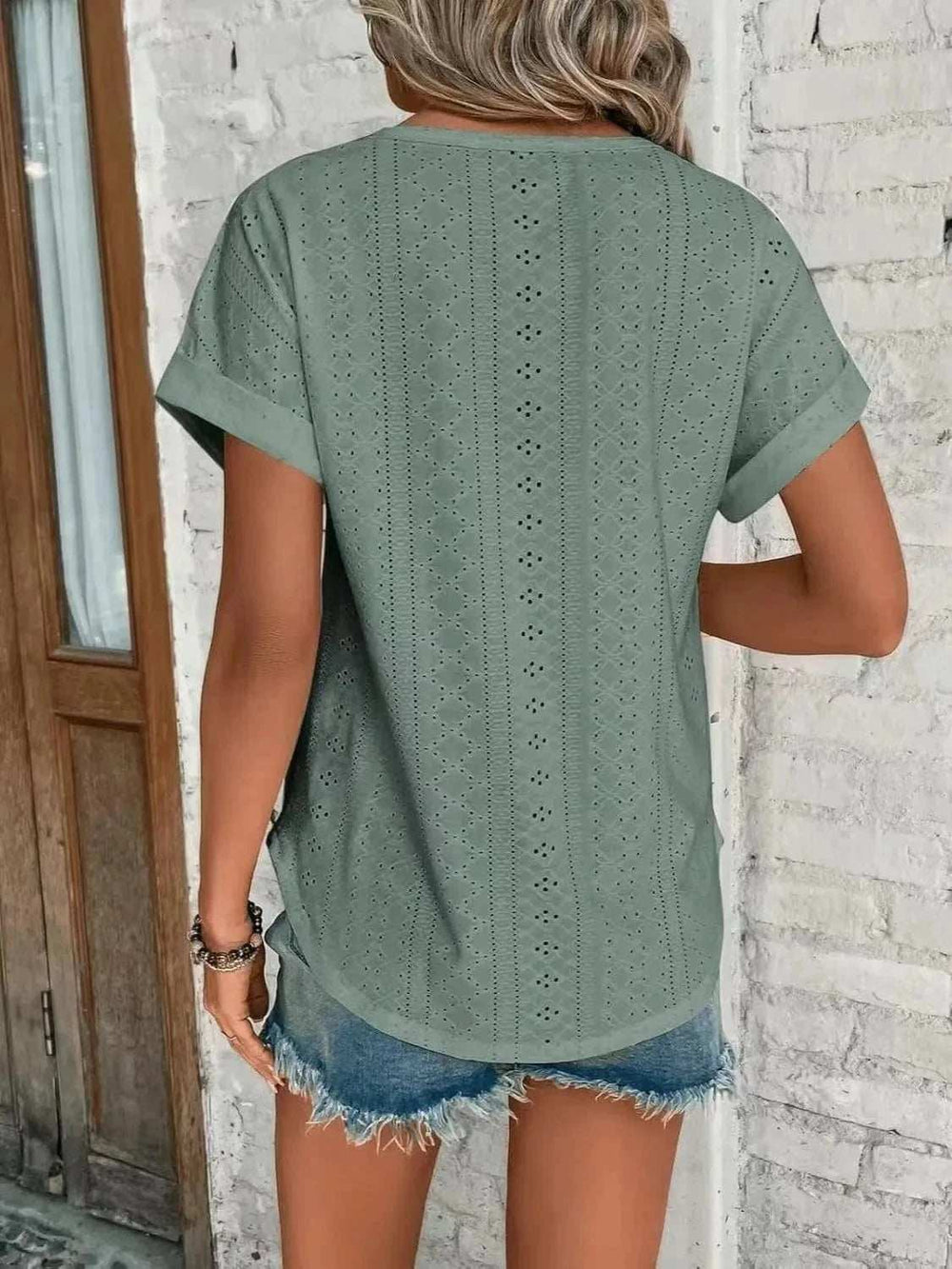 Eyelet Round Neck Short Sleeve T-Shirt - Trendsi - Flyclothing LLC