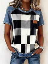 Denim Patchwork Short Sleeve Blouse - Trendsi - Flyclothing LLC