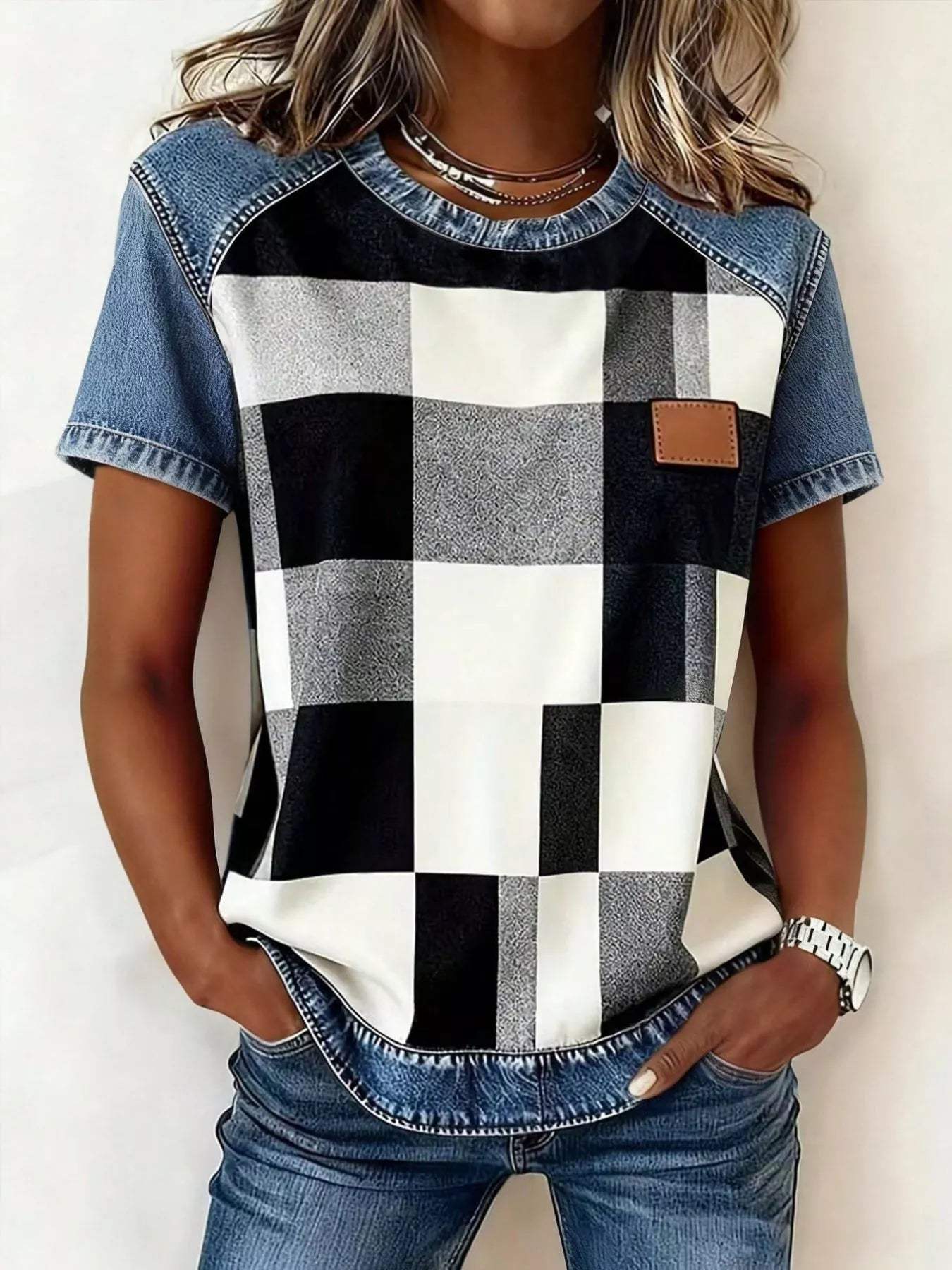 Denim Patchwork Short Sleeve Blouse - Trendsi - Flyclothing LLC