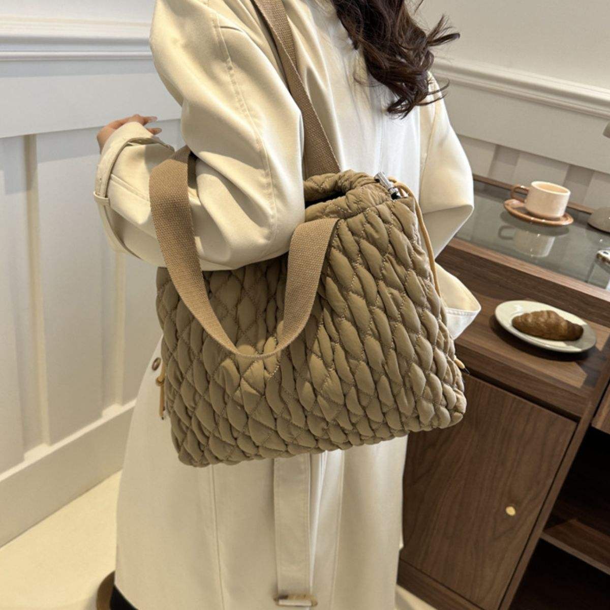 Drawstring Bubble Texture Tote Bag - Trendsi - Flyclothing LLC