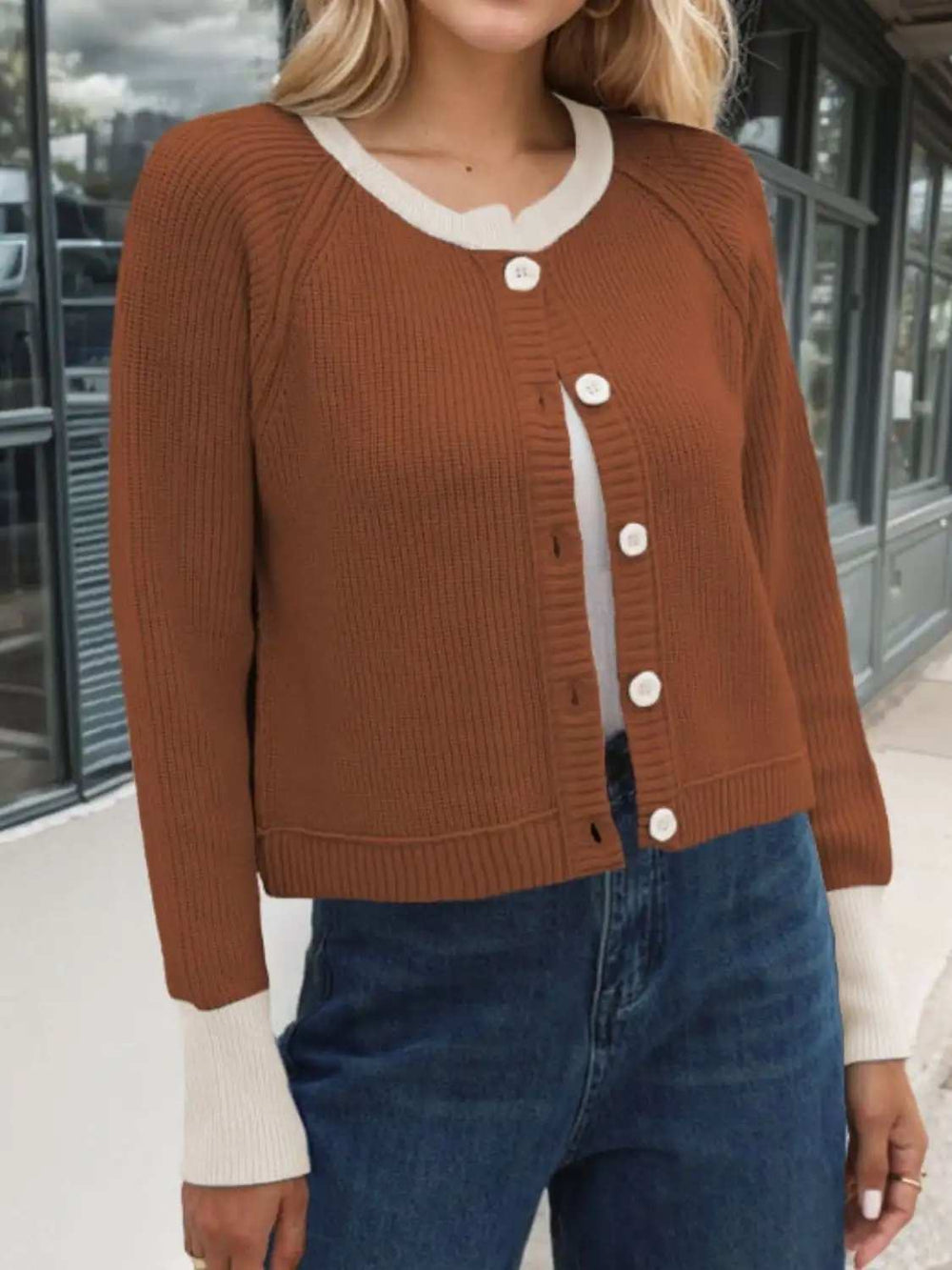 Contrast Button Up Long Sleeve Cardigan - Trendsi - Flyclothing LLC