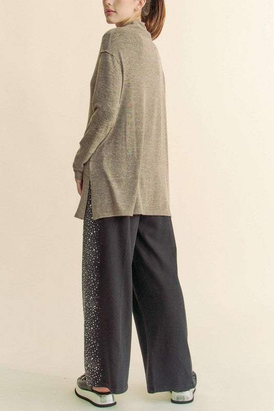Davi & Dani Slit Mock Neck Long Sleeve Top - Trendsi - Flyclothing LLC