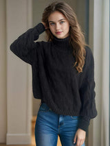 Cable-Knit Turtleneck Long Sleeve Sweater - Trendsi - Flyclothing LLC