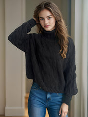 Cable-Knit Turtleneck Long Sleeve Sweater - Trendsi