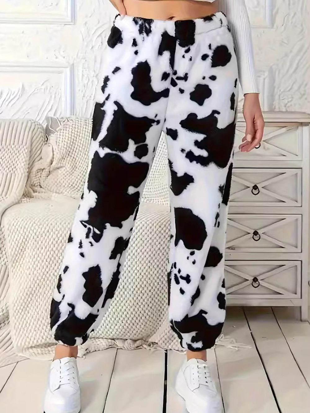 Fuzzy Cow Print Elastic Waist Pants - Trendsi