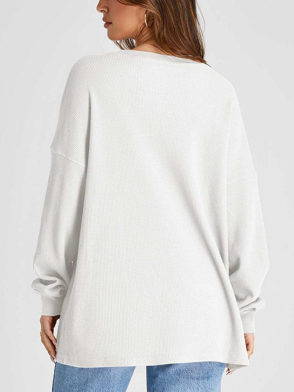 Waffle Knit Round Neck Long Sleeve T-Shirt - Trendsi - Flyclothing LLC