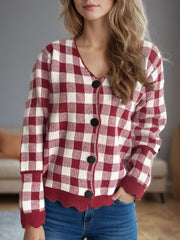 Plaid V-Neck Button Up Cardigan - Trendsi