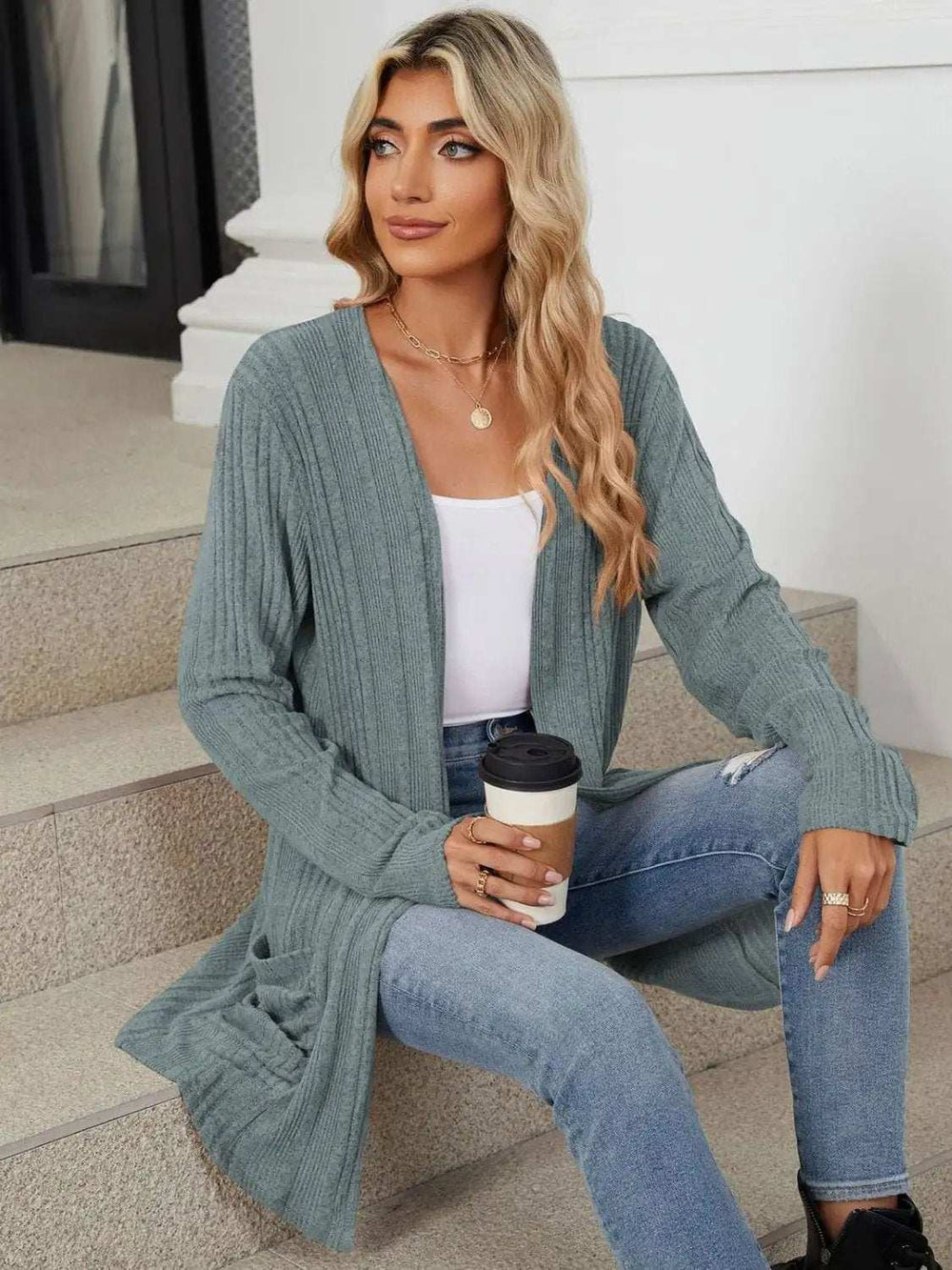 Pocketed Open Front Long Sleeve Cardigan - Trendsi - Flyclothing LLC