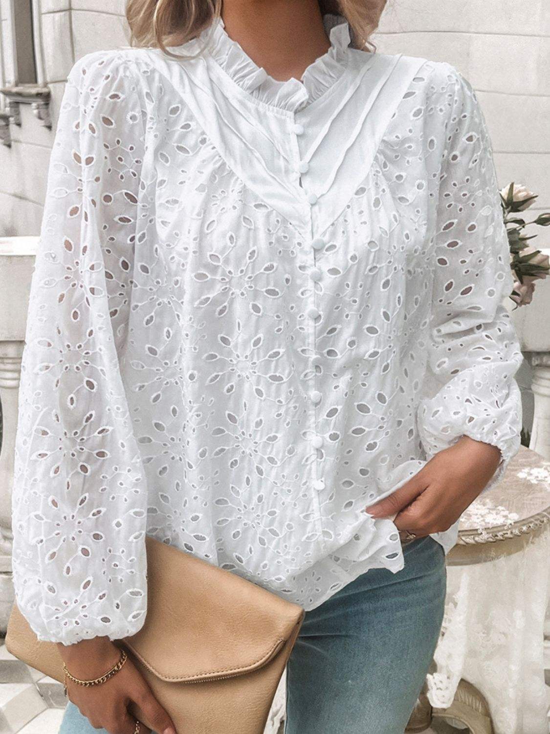 Frill Round Neck Long Sleeve Shirt - Trendsi - Flyclothing LLC