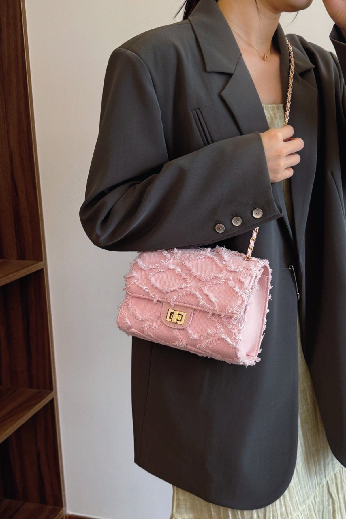 Raw Hem Denim Crossbody Bag - Trendsi