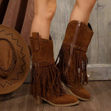 Fringe Point Toe Block Heels Boots - Trendsi - Flyclothing LLC